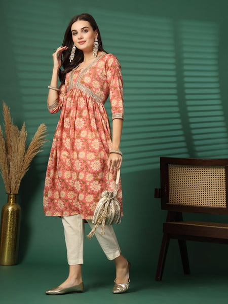 Largish Women's Peach Floral Print Cotton Naira Cut Kurta