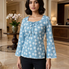 Gen Z inspired Powder Blue floral bell sleeve fitted Kurti with square neck and lace trim.
