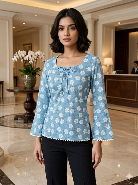 Gen Z inspired Powder Blue floral bell sleeve fitted Kurti with square neck and lace trim.