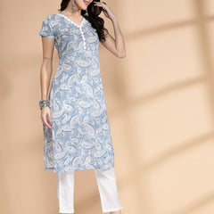 Largish Women's Blue Paisley Print Cotton Straight Kurta