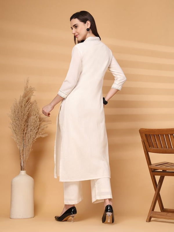 Largish Elegant Off-White Cotton Long Kurti with Front Button Detailing With palazzo pant Co'ord Set