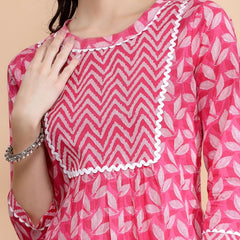 Largish Women's Pink Cotton Printed Nayra Cut Straight Kurta