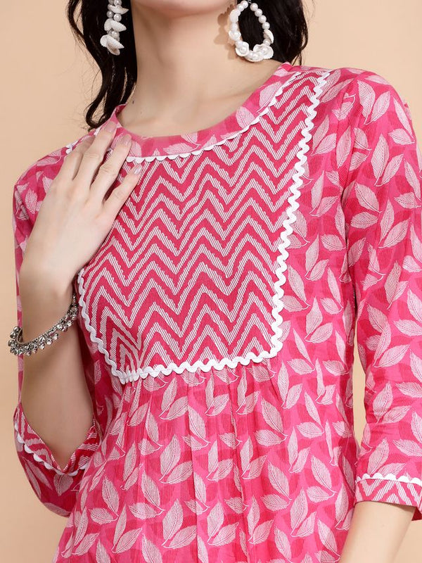 Largish Women's Pink Cotton Printed Nayra Cut Straight Kurta