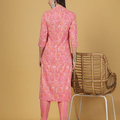 Largish Women's Peach Floral Print Cotton Kurta Pant Set