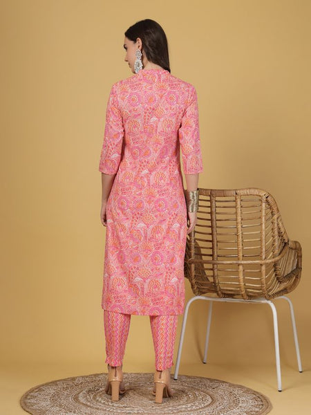 Largish Women's Peach Floral Print Cotton Kurta Pant Set