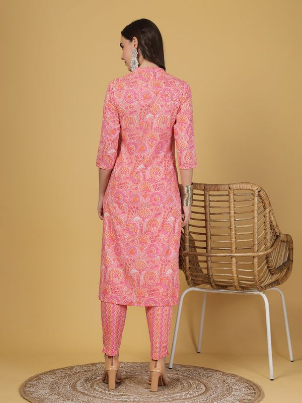 Largish Women's Peach Floral Print Cotton Kurta Pant Set
