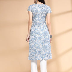 Largish Women's Blue Paisley Print Cotton Straight Kurta