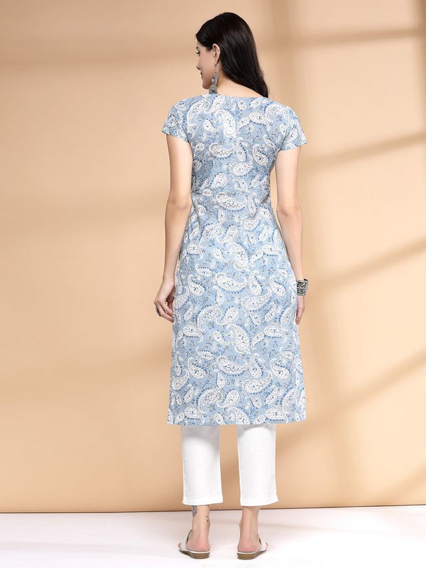 Largish Women's Blue Paisley Print Cotton Straight Kurta