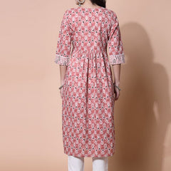 Largish Women's Peach Cotton Printed Nayra Cut Straight Kurta