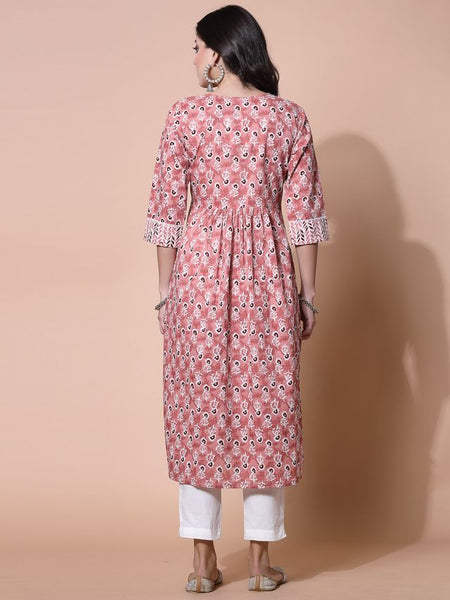 Largish Women's Peach Cotton Printed Nayra Cut Straight Kurta