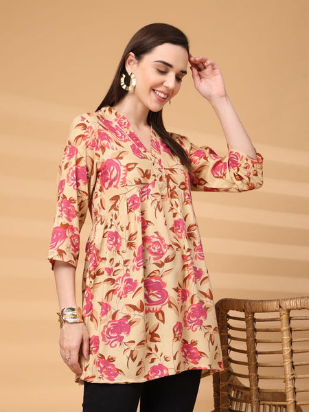 Largish Beige Floral Printed Kurta for Women
