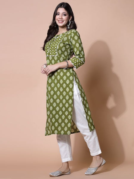 Largish Green Floral Print Straight Kurta