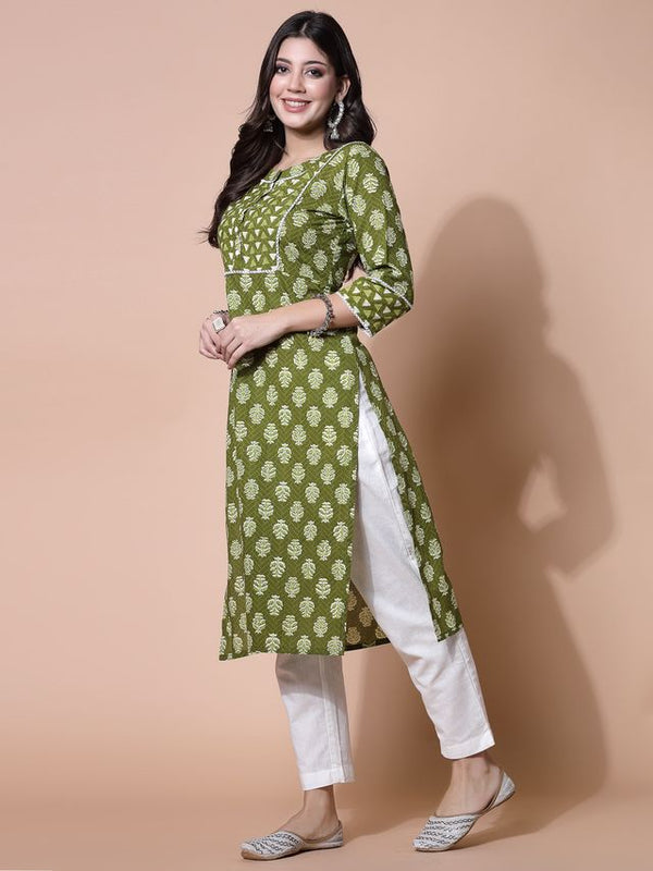 Largish Green Floral Print Straight Kurta