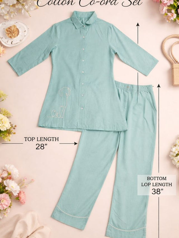 Largish Women Mint Green Cotton Co-ord Set with a minimal dog line embroidery detail