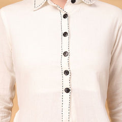 Largish Elegant Off-White Cotton Long Kurti with Front Button Detailing With palazzo pant Co'ord Set