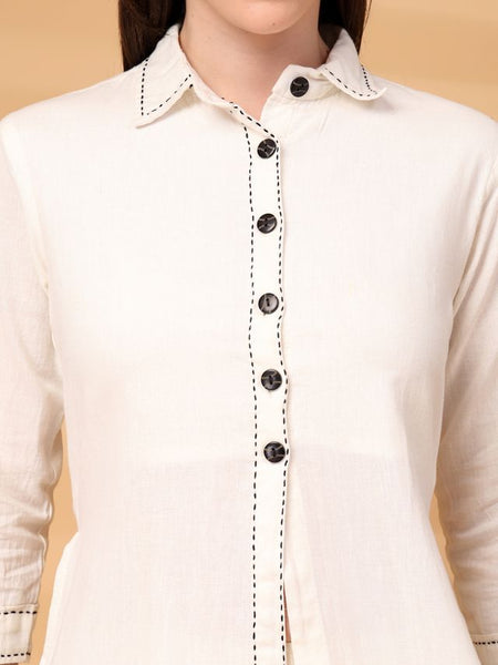 Largish Elegant Off-White Cotton Long Kurti with Front Button Detailing With palazzo pant Co'ord Set