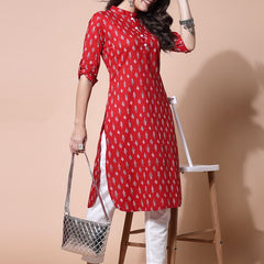Largish Women's Red Cotton Printed Pathani Kurta