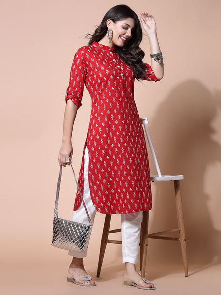 Largish Women's Red Cotton Printed Pathani Kurta