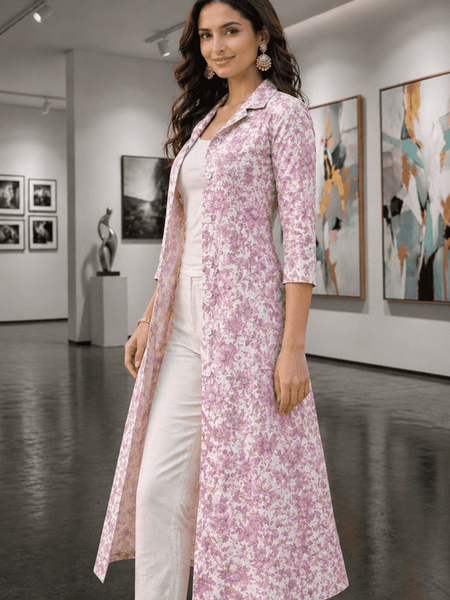 Largish Women's Rose Pink Floral Print Cotton Coat Collar Shrug