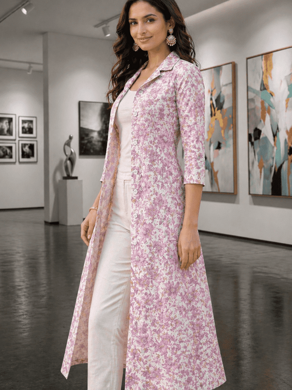 Largish Women's Rose Pink Floral Print Cotton Coat Collar Shrug