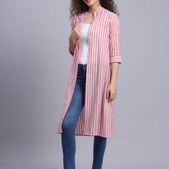 Largish Cotton Pink Self Design Calf Length, A-Line Shrug