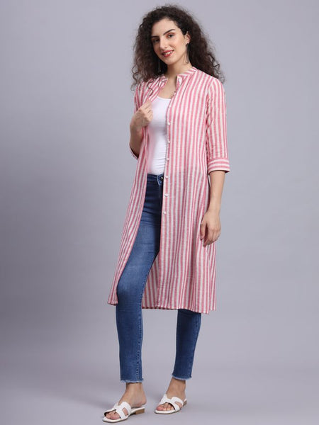 Largish Cotton Pink Self Design Calf Length, A-Line Shrug