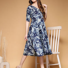 Largish Women's Blue Printed Cotton Umbrella Cut Flared Dress