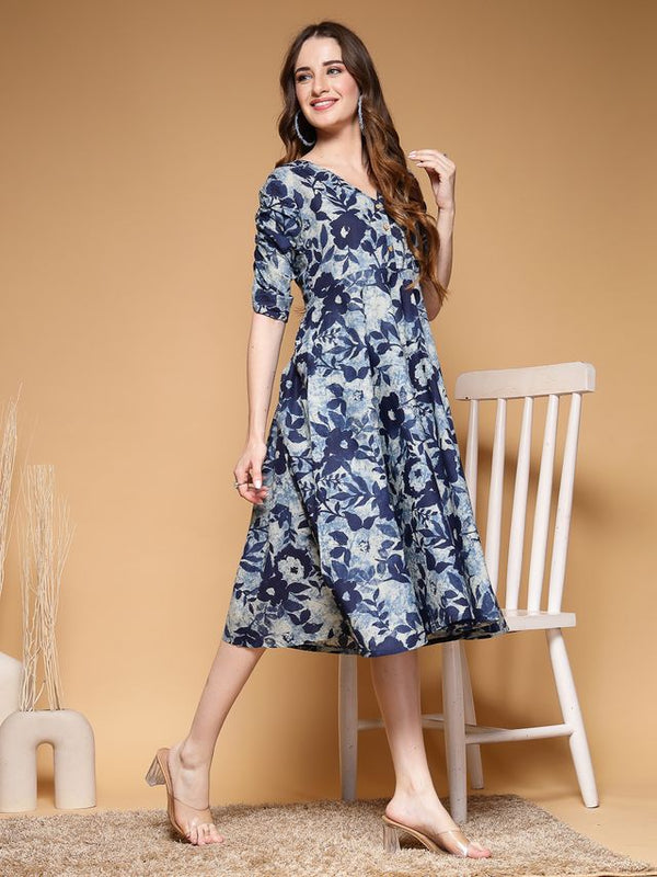 Largish Women's Blue Printed Cotton Umbrella Cut Flared Dress