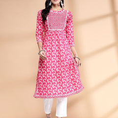 Largish Women's Pink Cotton Printed Nayra Cut Straight Kurta