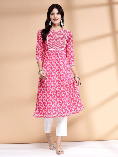 Largish Women's Pink Cotton Printed Nayra Cut Straight Kurta