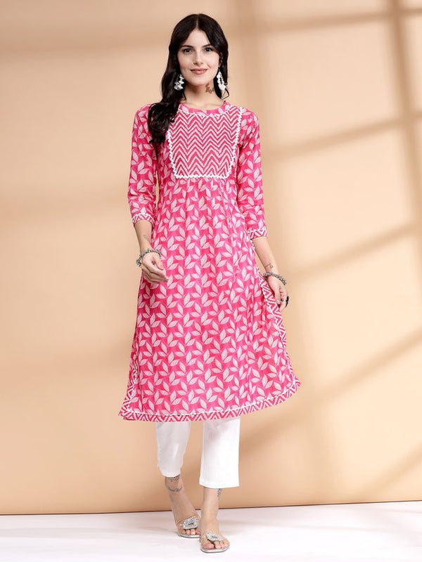 Largish Women's Pink Cotton Printed Nayra Cut Straight Kurta