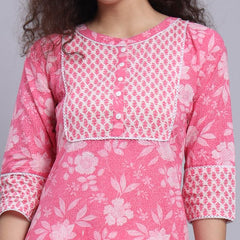 Largish Pink Floral Print Straight Kurta