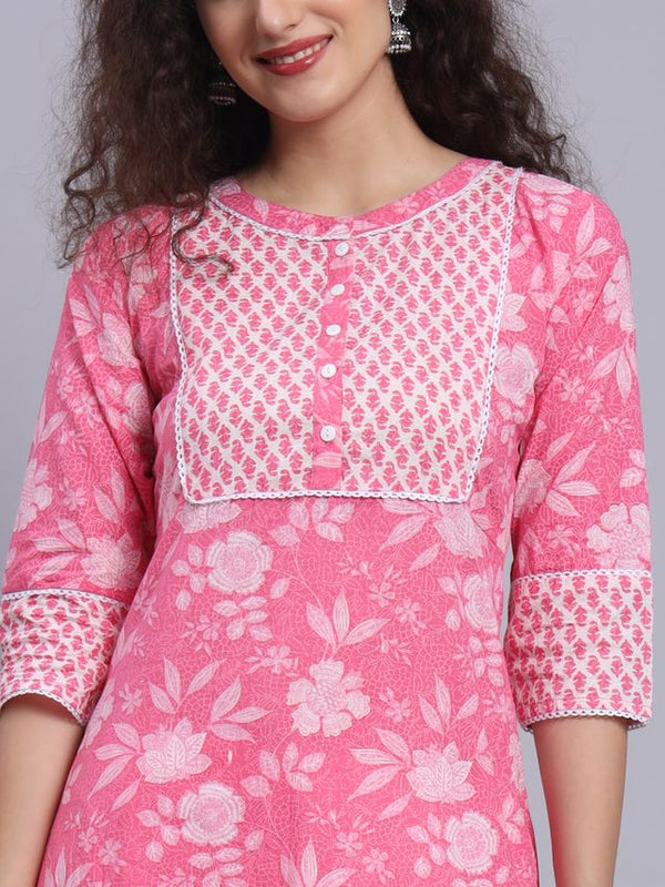 Largish Pink Floral Print Straight Kurta