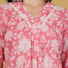 Largish Women's Pink Floral Print Cotton A-Line V-Neck Kurta