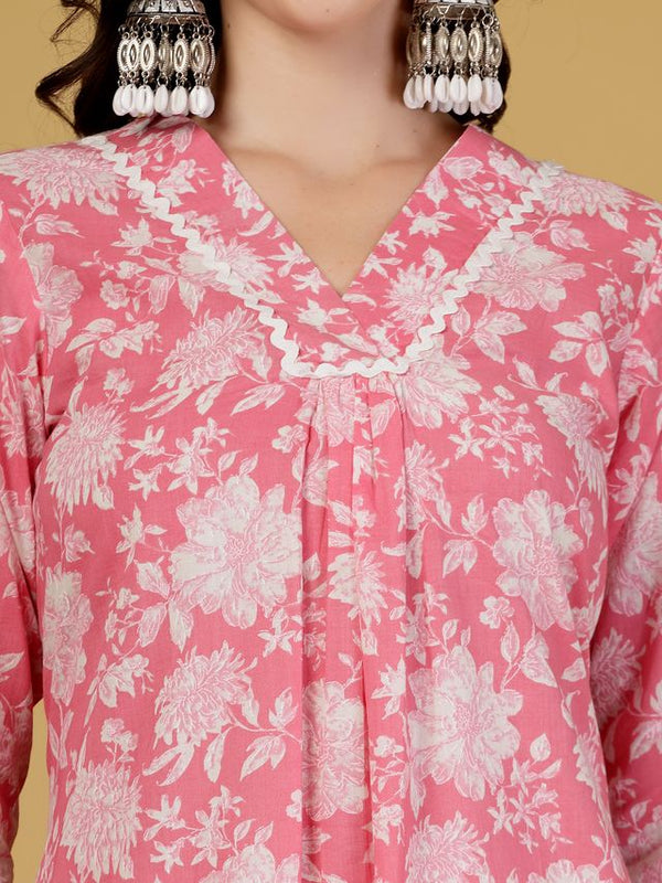Largish Women's Pink Floral Print Cotton A-Line V-Neck Kurta