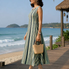 Largish Stylish women’s Green striped A-line Premium Cotton dress