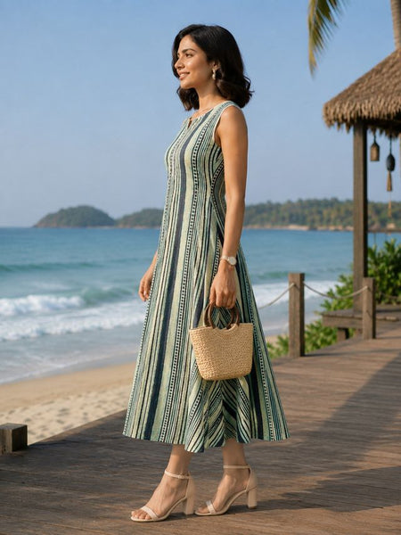 Largish Stylish women’s Green striped A-line Premium Cotton dress
