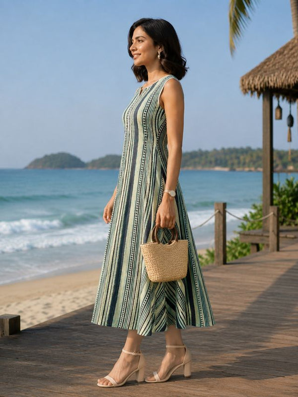 Largish Stylish women’s Green striped A-line Premium Cotton dress