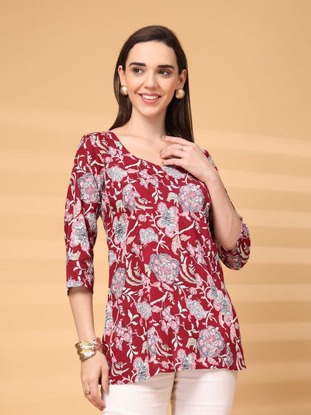 Largish Stylish Maroon Rayon floral print kurti