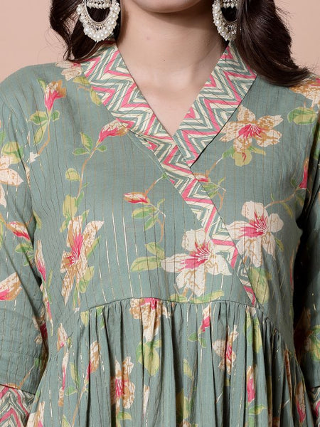 Largish Light Green Cotton Lurex Floral Print Gown