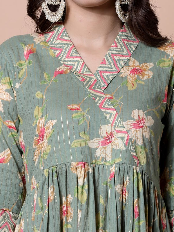 Largish Light Green Cotton Lurex Floral Print Gown