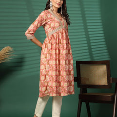 Largish Women's Peach Floral Print Cotton Naira Cut Kurta