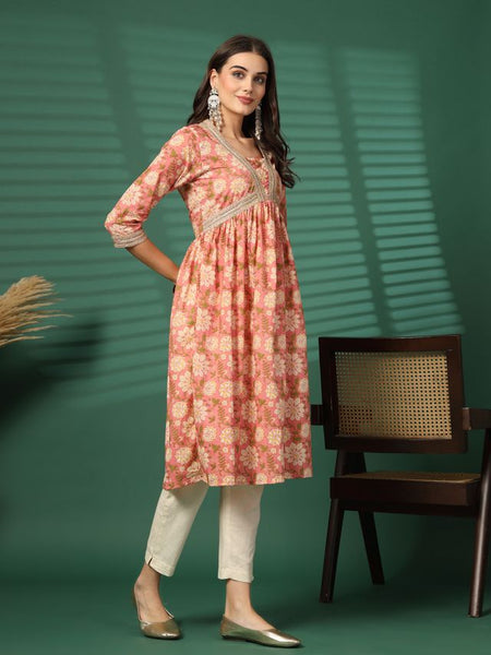 Largish Women's Peach Floral Print Cotton Naira Cut Kurta