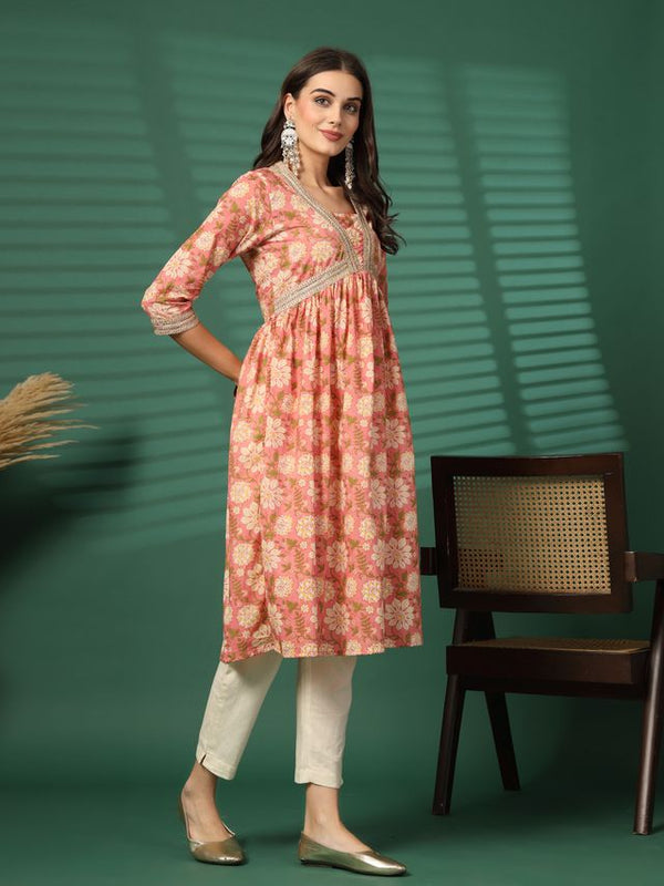 Largish Women's Peach Floral Print Cotton Naira Cut Kurta
