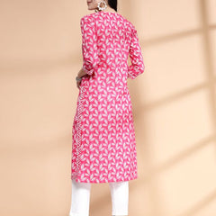 Largish Women's Pink Cotton Printed Nayra Cut Straight Kurta