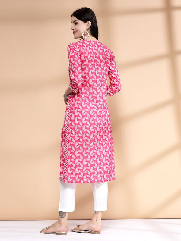 Largish Women's Pink Cotton Printed Nayra Cut Straight Kurta