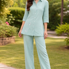 Largish Women Mint Green Cotton Co-ord Set with a minimal dog line embroidery detail