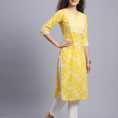 Largish Yellow Floral Print Straight Kurta