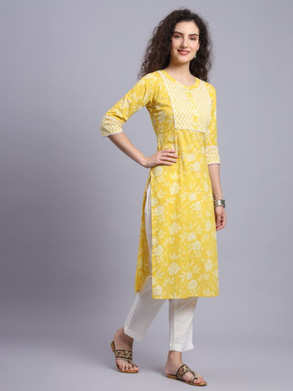 Largish Yellow Floral Print Straight Kurta