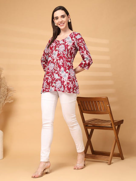 Largish Stylish Maroon Rayon floral print kurti